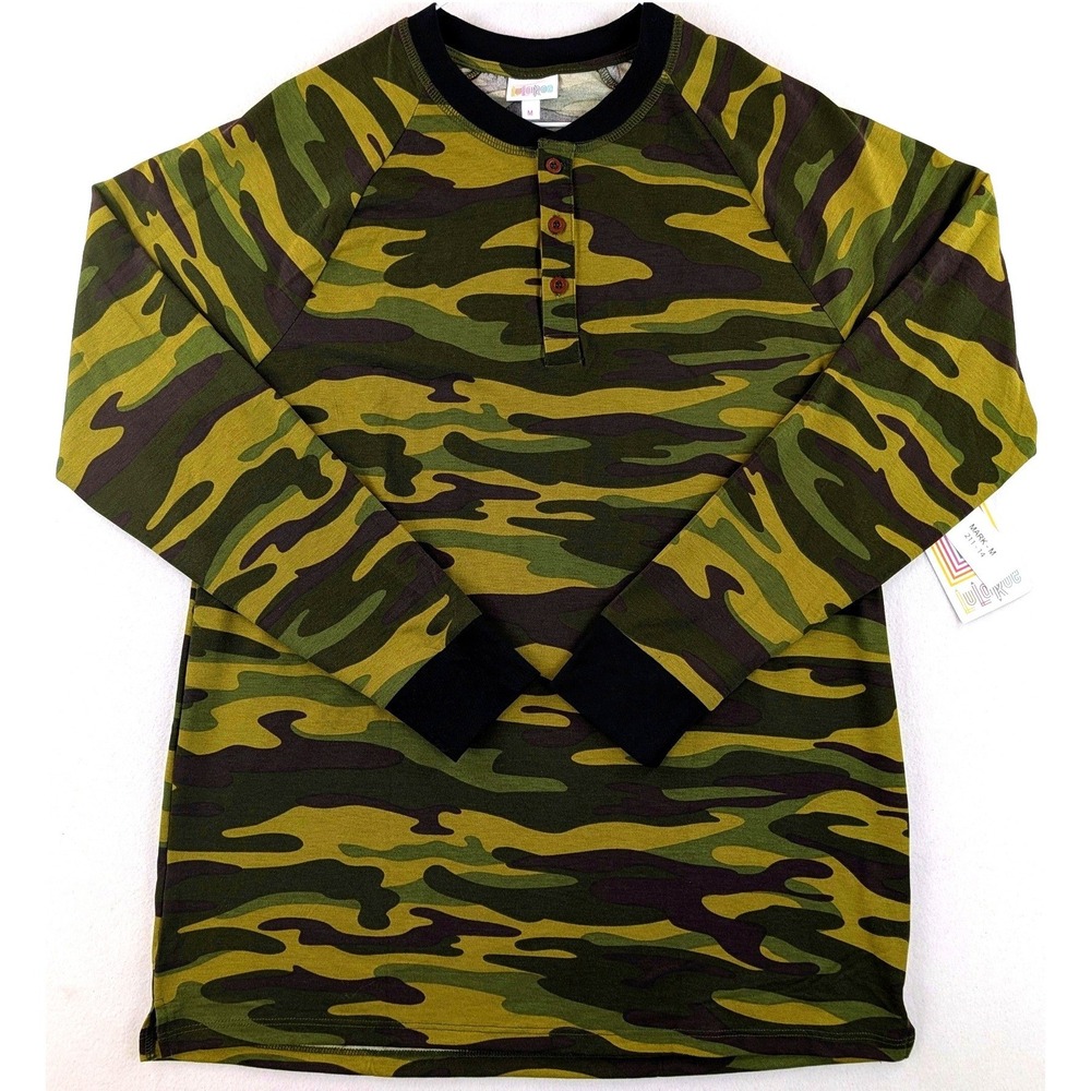 LuLaRoe Mark Henley Shirt Mens M Green Camo Long Sleeve NWT Made in USA